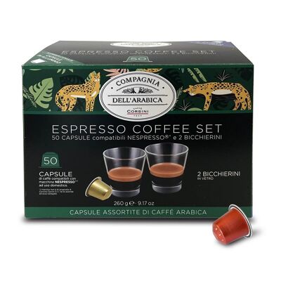 50 Nespresso® compatible coffee capsules + 2 glass cups