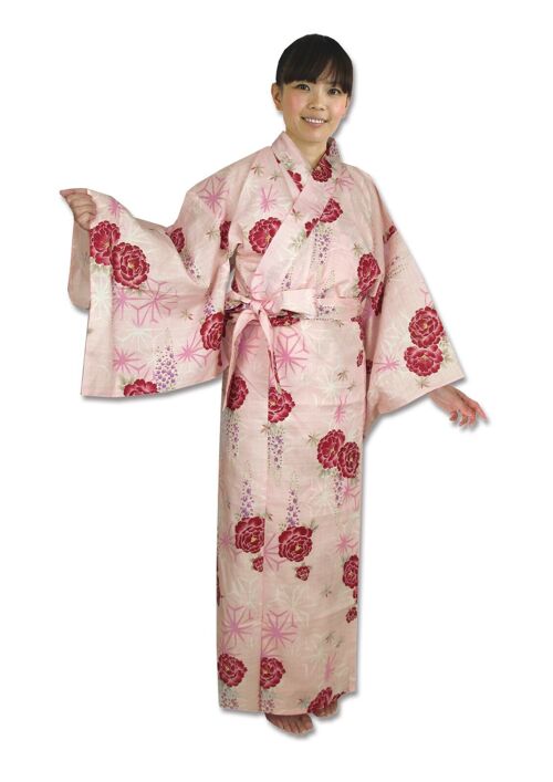 Yukata - Kimono japonais 100% coton motif Asanoha et Pivoine