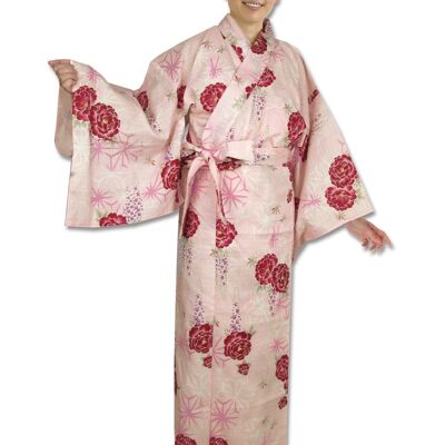 Yukata - Kimono japonés 100% algodón estampado Asanoha y Peonías