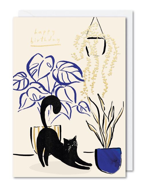 Cat and Plants Birthday Card