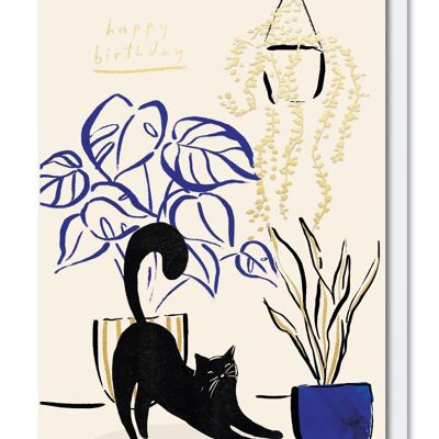 Geburtstagskarte mit Katze und Pflanzen