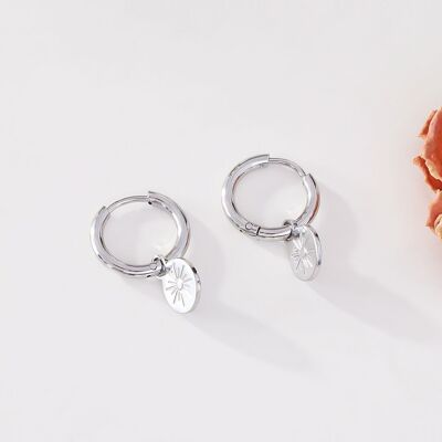 Mini hoop earrings with round silver sun pendant