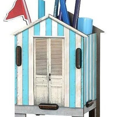 Caja de lápices azul casa de playa de madera