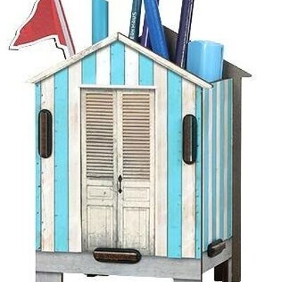 Caja de lápices azul casa de playa de madera