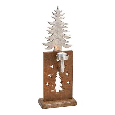 Portavelas árbol de Navidad de metal, madera de mango plateado, marrón (An / Al / Pr) 15x42x7cm