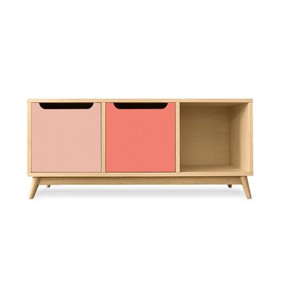 Natural oak colored storage bench - blush pink and coral