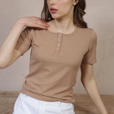 T-shirt côtelé super doux avec patte de boutonnage et boutons