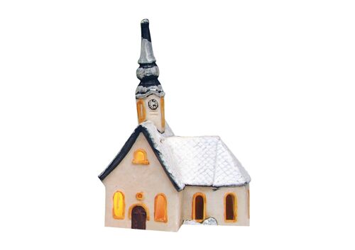 Windlicht.-Haus Kirche mit Schnee aus Porzellan
