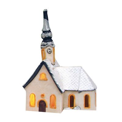 Linterna.-Casa iglesia con nieve fabricada en porcelana