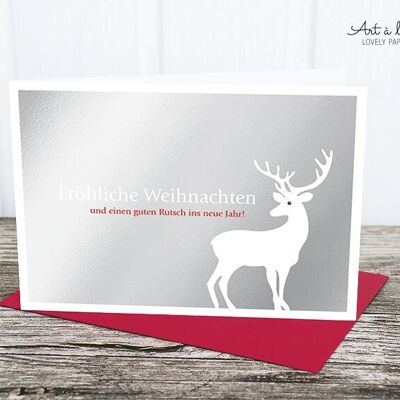 Folding card: deer, white on silver, metallic