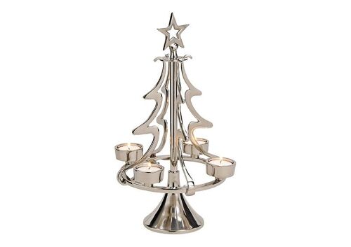 Teelichthalter, Adventsgesteck Tannenbaum aus Metall für 4er Teelicht Silber (B/H/T) 20x40x20cm