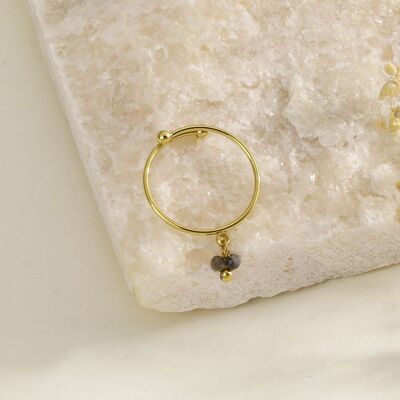 Gold line ring with gray pendants