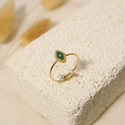 Thin adjustable gold ring with green diamond