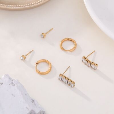 Triple paire de boucles d'oreilles créoles et strass