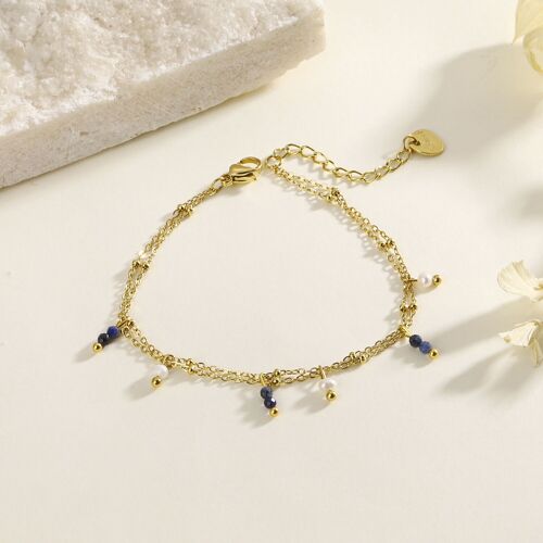 Bracelet double chaîne avec perles et pierres bleues