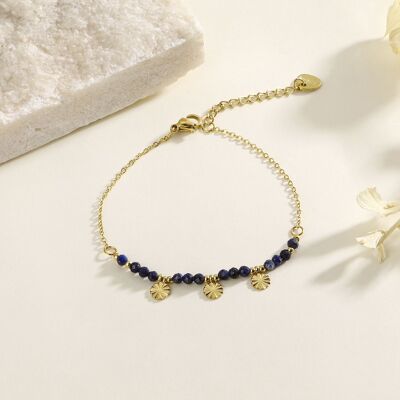 Golden chain bracelet with blue beads and round pendants