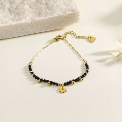 Bracelet chaîne avec pierres noires et pendentif fleur