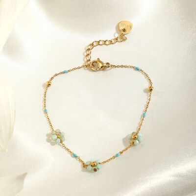 Bracelet chaîne dorée avec triple fleur couleur vert d'eau et bleu ciel