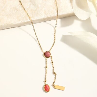 Gold Y chain necklace with double chain and pink stone