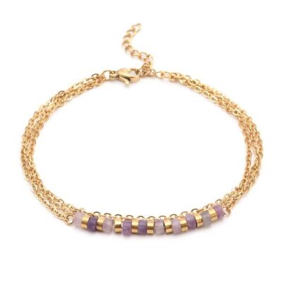 Triple gold chain anklet and amethyst heishi stone