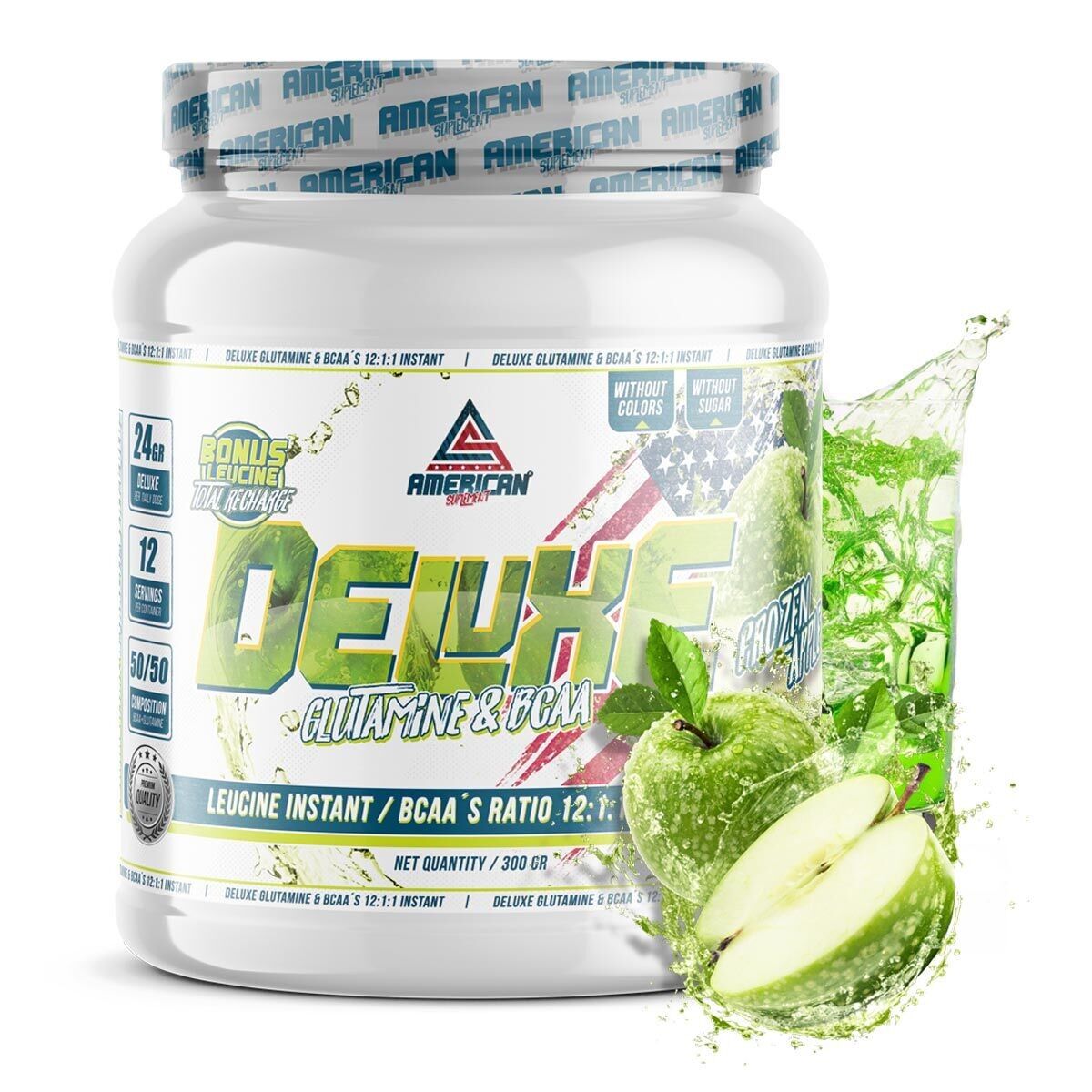 AS American Supplement | BCAA'S mit Glutamin Deluxe | 300g | Apfel | Mit verzweigten Aminosäuren | Helfen Sie dabei, Ihre Muskelmasse zu steigern | Angereichert mit L-Glutamin und BCAAs