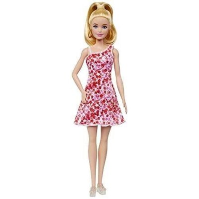 Mattel - ref: HJT02 - Barbie Fashionistas N°205, bambola modello bionda con coda di cavallo, vestito a fiori rosa e rosso, sandali con zeppa e orecchini a cerchio