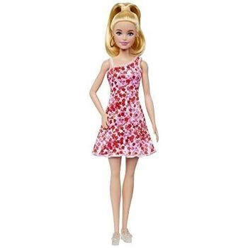 Mattel - réf : HJT02 - Barbie Fashionistas N°205, Poupée Mannequin Blonde avec Queue De Cheval, Robe À Fleurs Rose Et Rouge, Sandales Compensées Et Créoles 1