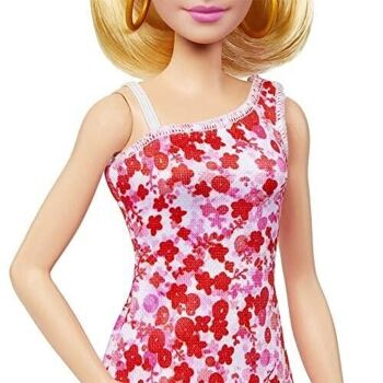 Mattel - réf : HJT02 - Barbie Fashionistas N°205, Poupée Mannequin Blonde avec Queue De Cheval, Robe À Fleurs Rose Et Rouge, Sandales Compensées Et Créoles 3