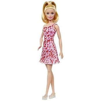 Mattel - réf : HJT02 - Barbie Fashionistas N°205, Poupée Mannequin Blonde avec Queue De Cheval, Robe À Fleurs Rose Et Rouge, Sandales Compensées Et Créoles 9