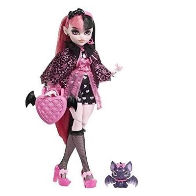 Mattel - ref: HHK51 - Monster High - Muñeca Draculaura con accesorios y murciélago mascota - Muñeca Fashion articulada, pelo negro y rosa