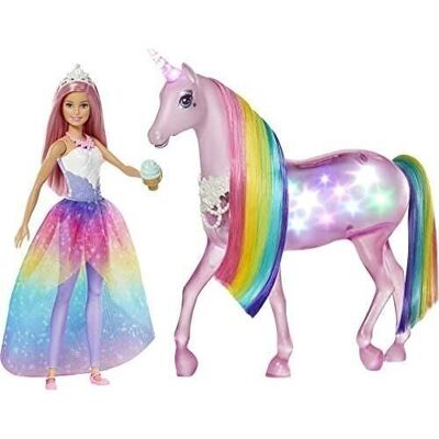 Mattel - ref: FXT26 - Barbie - Dreamtopia - Magical Lights unicorno rosa con criniera arcobaleno, suoni e luci - Bambola principessa inclusa