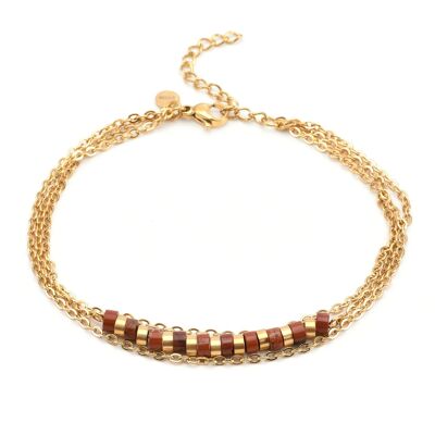 Triple gold chain anklet and red onyx heishi stone
