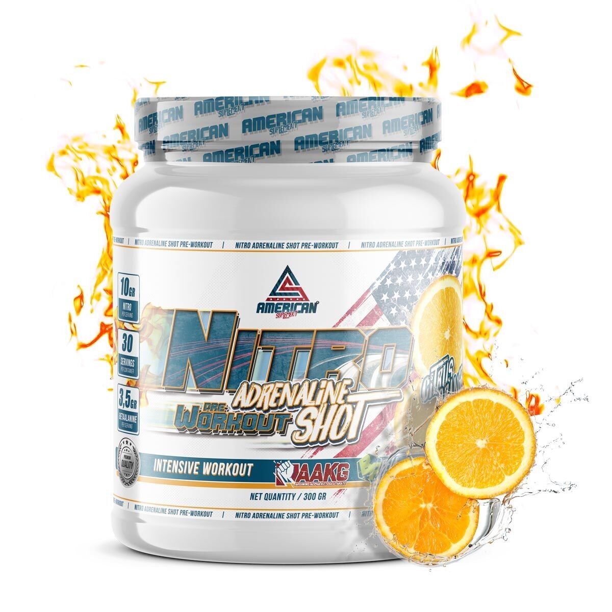 AS American Supplement | Nitro Adrenaline Shot Pre-Work Out | 300g | Orange | Extra-Energiebeitrag | Hilft, die Leistung zu verbessern | Enthält L-Arginin, Beta-Alanin und Kaffee