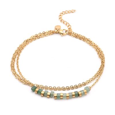 Triple gold chain anklet and green onyx heishi stone