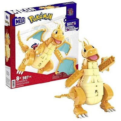 Mattel - Ref: HKT25 - MEGA Pokémon Dragonite Caja de Construcción de 388 piezas incluido el nuevo ladrillo de movimiento para animar la escena, Juguete para niños, A partir de 8 años