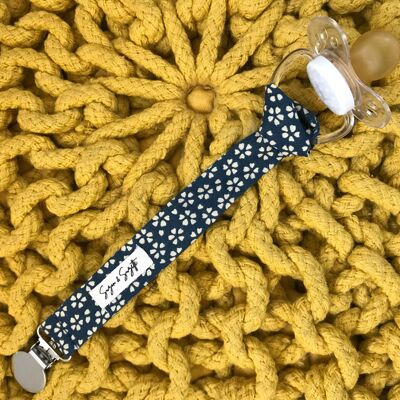 Navy blue pacifier clip with small cotton flowers for baby children