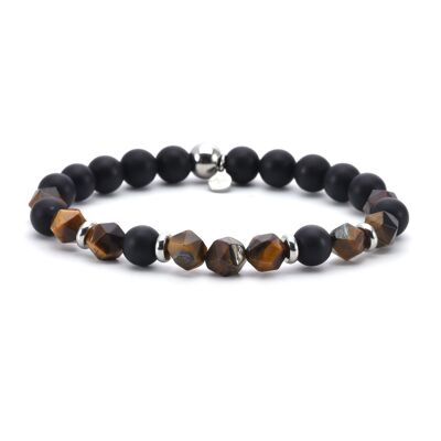 Bracelet perles rondes pierres naturelles agate noir et oeil de tigre - Medium-18cm