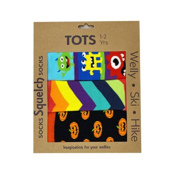 Ensemble de trois chaussettes Squelch Tot Welly dans une boîte cadeau Halloween 1