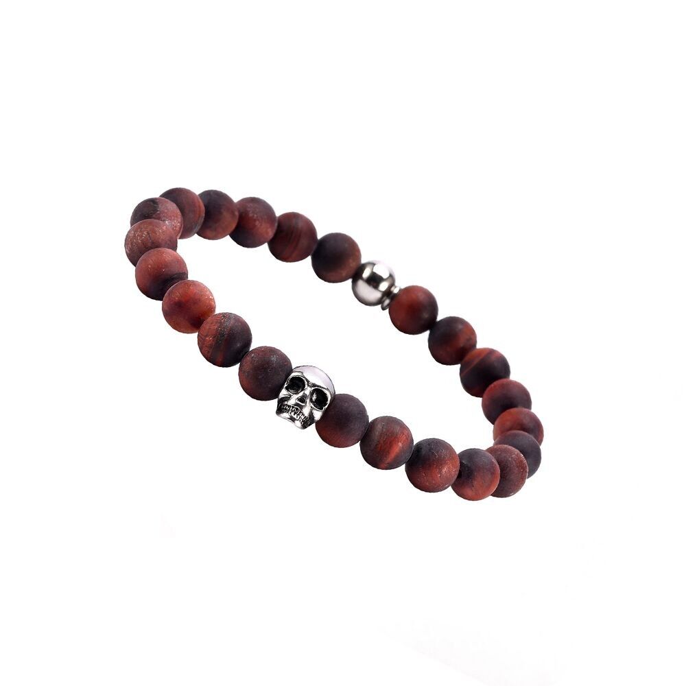 Bracciale con sfera di occhio di tigre rossa, occhio di bue, teschio in pietra naturale - Medio-18 cm