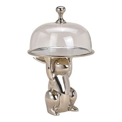 Alzata per torta coniglietto con campana di vetro in metallo argento (L/A/P) 20x33x20cm Ø20cm