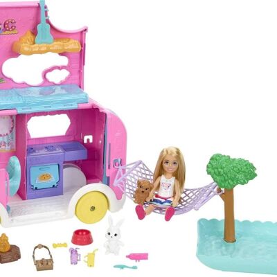 Mattel - Rif: HNH90 - Barbie - Barbie Chelsea Motorhome Box - Fashion Doll - include: 2 animali e 15 accessori tematici - Veicolo trasformabile in campeggio, giocattolo per bambini - dai 3 anni in su