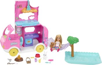 Mattel - Réf : HNH90 - Barbie  - Coffret Barbie Camping-Car de Chelsea - Poupée Mannequin  - inclus : 2 Animaux et 15 Accessoires Thématiques - Véhicule Transformable en Campement,  Jouet Enfant - 3 ans et + 1