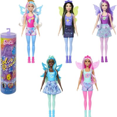 Mattel - Rif: HJX61 - Barbie - Scatola per bambole Color Reveal - Serie Rainbow Galaxy - Con 6 sorprese, bagliore celeste e cambio colore, giocattolo per bambini, a partire da 3 anni