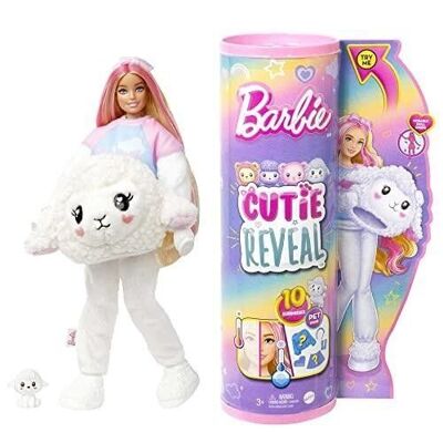 Mattel - Ref: HKR03 - Barbie Cutie Reveal - Muñeca Barbie y accesorios, disfraz de corderita de peluche