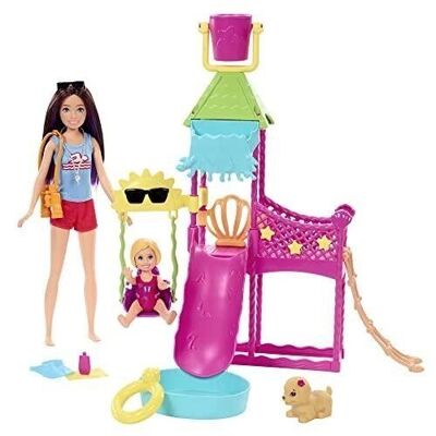 Mattel - Ref: HKD80 - Barbie - Skipper First Jobs, Water park set with functional water slide, squirting puppy and more than 5 accessories - Mannequin Doll - Children's Toy, From 3 years old