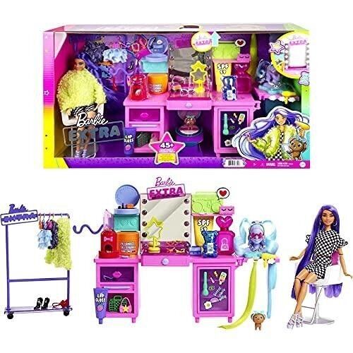 Mattel - Réf : GYJ70 - Barbie Extra - coffret Salon de Coiffure - Coiffeuse avec poupée articulée exclusive, Figurine chiot et plus de 45 éléments, Jouet pour enfant, 