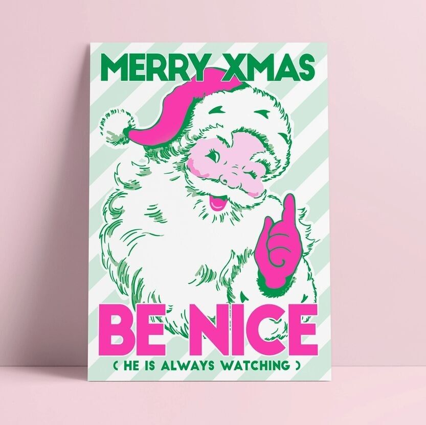 Weihnachtskarte „Santa Be Nice“ im Risographendruck