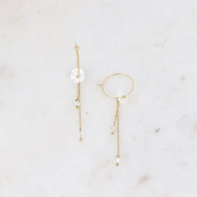 Mini hoop earrings - pearly flower, dangling chains and cut crystals