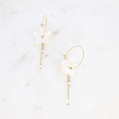 Hoop earrings - pearly flower, dangling chains and cut crystals