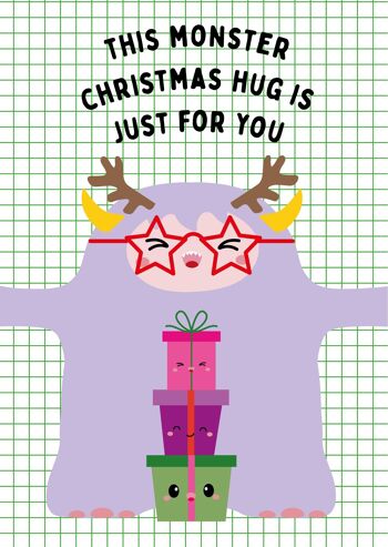 Carte de Noël monstre mignon avec des cadeaux de Noël 1